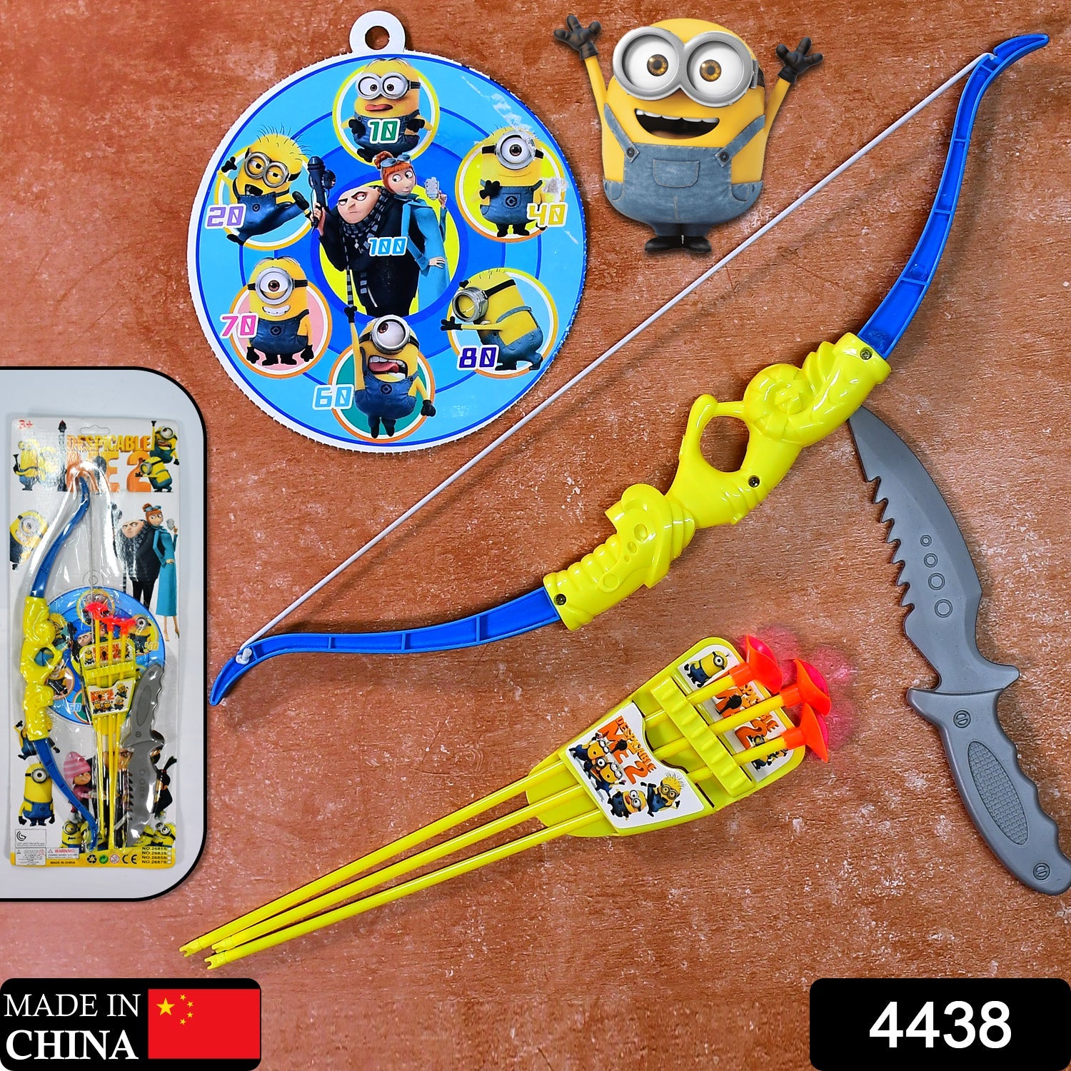 4438 Plastic Archery Bow and Arrow Toy Set with single knife and 3pc Arrow and Target Board. DeoDap 4438 Plastic Archery Bow and Arrow Toy Set with single knife and 3pc Arrow and Target Board. DeoDap